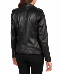 Alison black leather biker jacket back view showing cowhide finish and fit