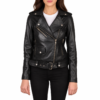 Alison black leather biker jacket front view with notch collar and zipper closure