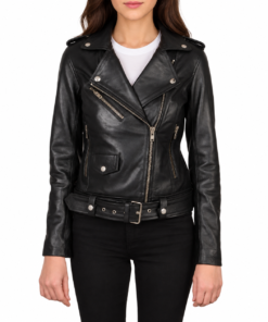 Alison black leather biker jacket front view with notch collar and zipper closure