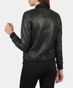 Bliss black leather bomber jacket for women, back view showing sheepskin leather and fitted cut