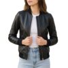 Bliss black leather bomber jacket for women, front view showing rib-knit collar and zip closure
