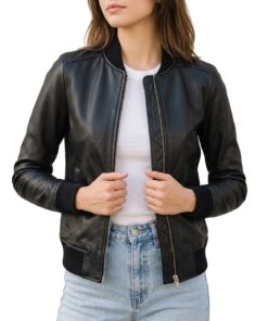 Bliss black leather bomber jacket for women, front view showing rib-knit collar and zip closure