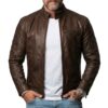 Dean brown leather biker jacket for men, front view showing zipper closure and snap collar