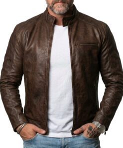 Dean brown leather biker jacket for men, front view showing zipper closure and snap collar