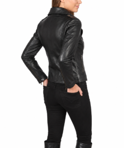 Flashback black leather biker jacket for women, back view showing sheepskin leather and fitted cut