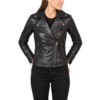 Flashback black leather biker jacket for women, front view showing asymmetric zip and notch collar