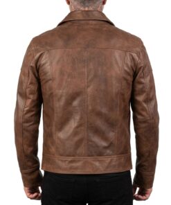 Lavendard brown leather biker jacket for men, back view showing cowhide pull-up leather finish