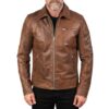 Lavendard brown leather biker jacket for men, front view showing shirt collar and zip closure