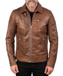 Lavendard brown leather biker jacket for men, front view showing shirt collar and zip closure