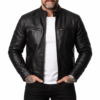 Man wearing the Ionic men's black sheepskin leather biker jacket, highlighting the zippered pockets and semi-aniline finish.