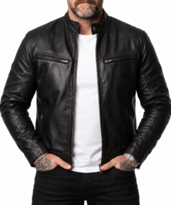 Man wearing the Ionic men's black sheepskin leather biker jacket, highlighting the zippered pockets and semi-aniline finish.