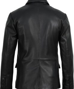 Men's genuine lambskin leather jacket in black, front view showing tailored 2-button closure and notch lapel Cedric Black Back View