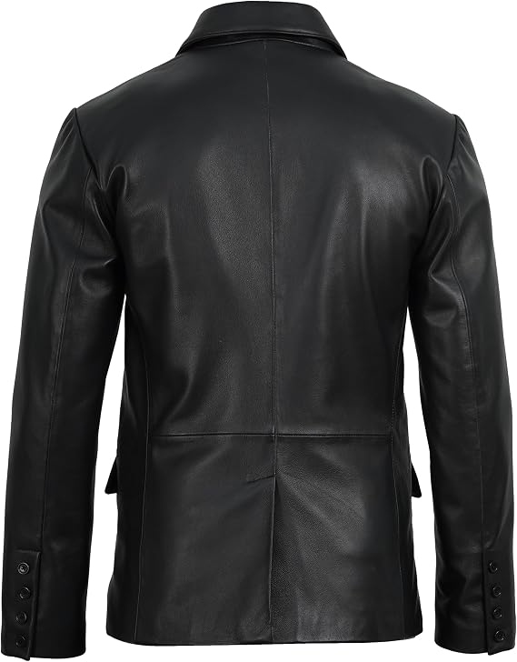 Men's genuine lambskin leather jacket in black, front view showing tailored 2-button closure and notch lapel Cedric Black Back View