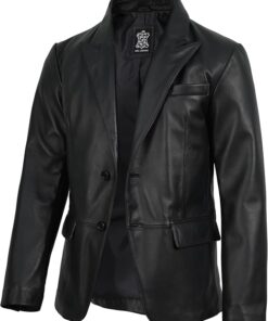 Men's genuine lambskin leather jacket in black, front view showing tailored 2-button closure and notch lapel Cedric Black