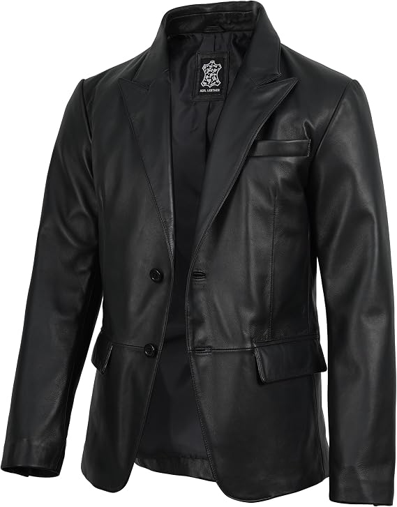 Men's genuine lambskin leather jacket in black, front view showing tailored 2-button closure and notch lapel Cedric Black