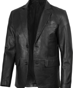 Men's genuine lambskin leather jacket in black, front view showing tailored 2-button closure and notch lapel Samuel Black - back
