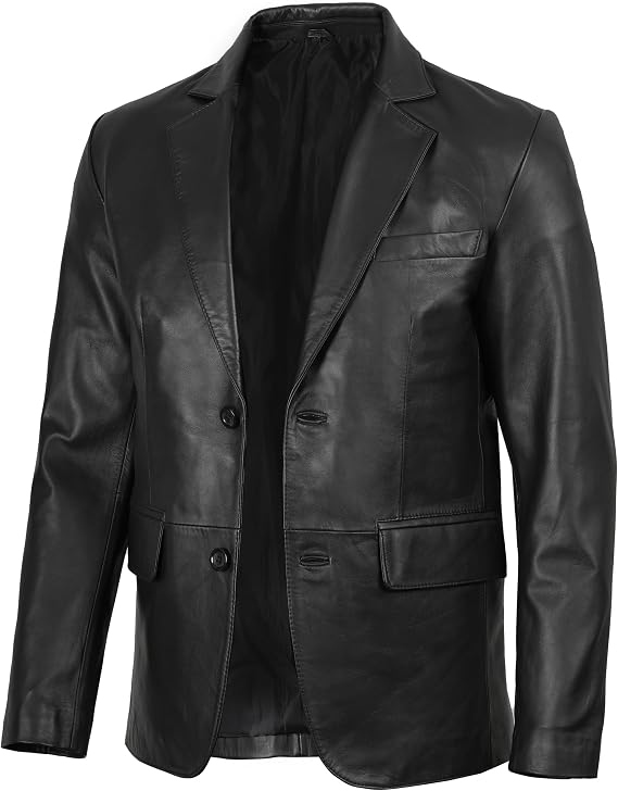 Men's genuine lambskin leather jacket in black, front view showing tailored 2-button closure and notch lapel Samuel Black - back