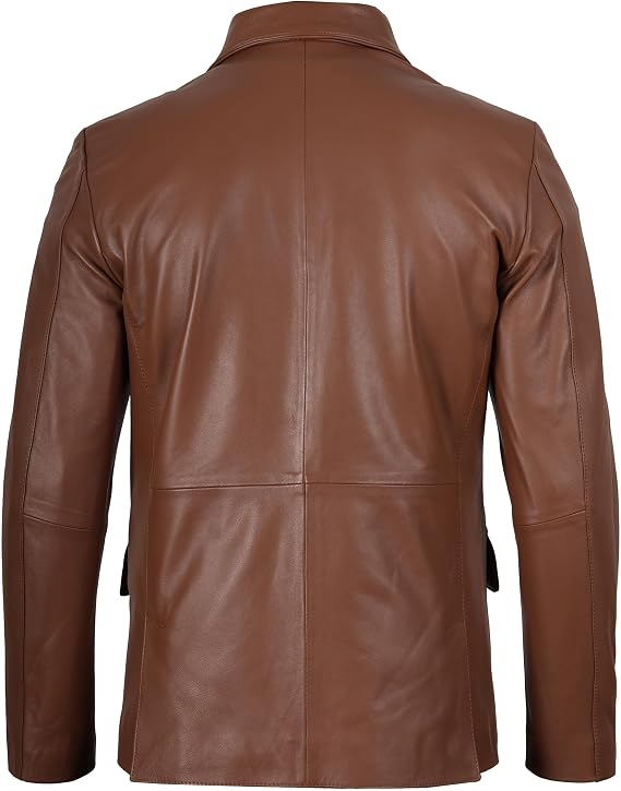 Back view of men's full-grain lambskin leather jacket showing tailored fit and structured silhouette