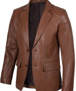 Men's genuine lambskin leather jacket in black, front view showing tailored 2-button closure and notch lapel