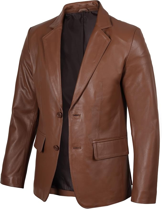 Men's genuine lambskin leather jacket in black, front view showing tailored 2-button closure and notch lapel