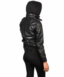 Back view of Roslyn black hooded leather bomber jacket showing removable fabric hood and shoulder epaulettes