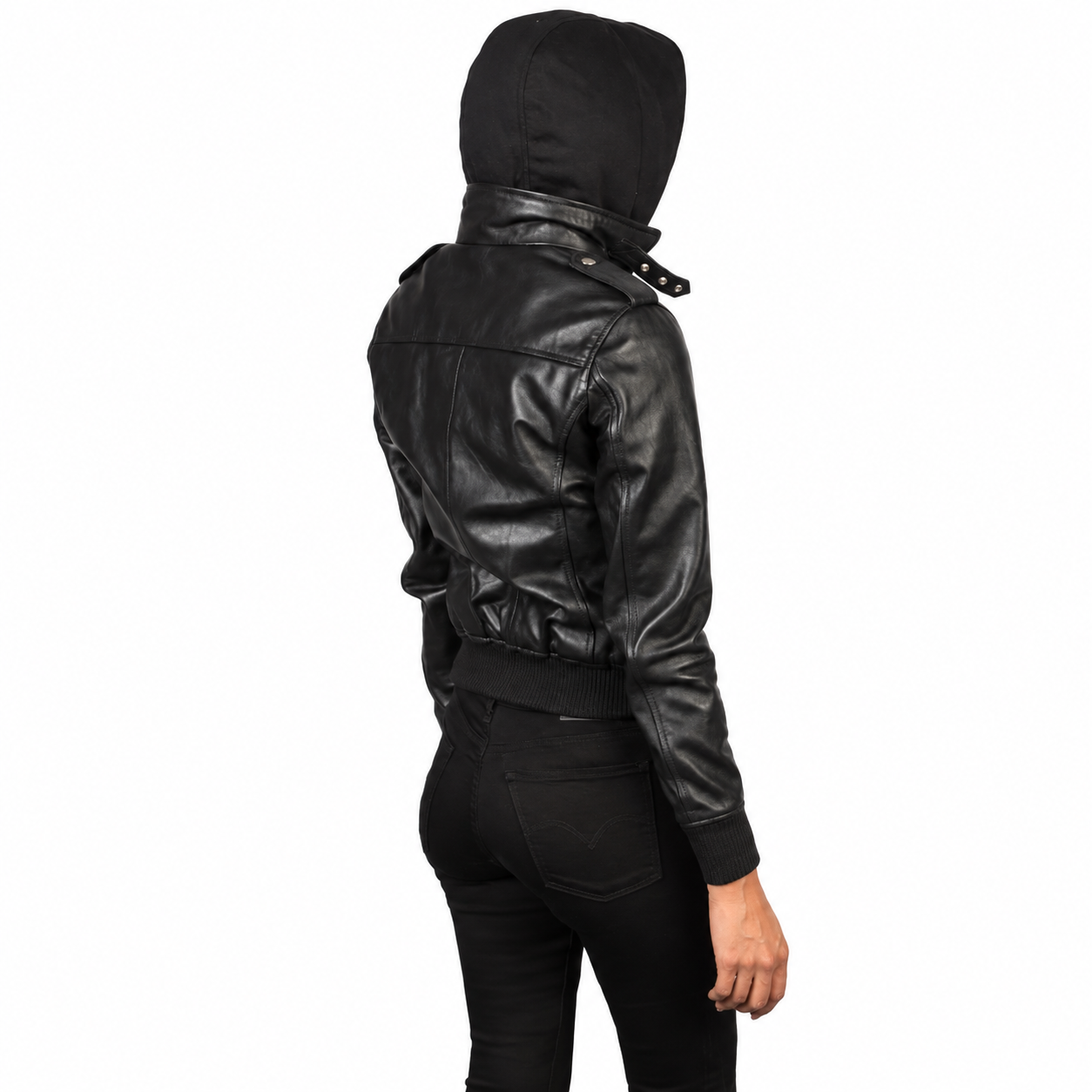 Back view of Roslyn black hooded leather bomber jacket showing removable fabric hood and shoulder epaulettes