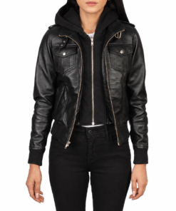 Front view of Roslyn black hooded leather bomber jacket with rib-knit cuffs and zipper closure