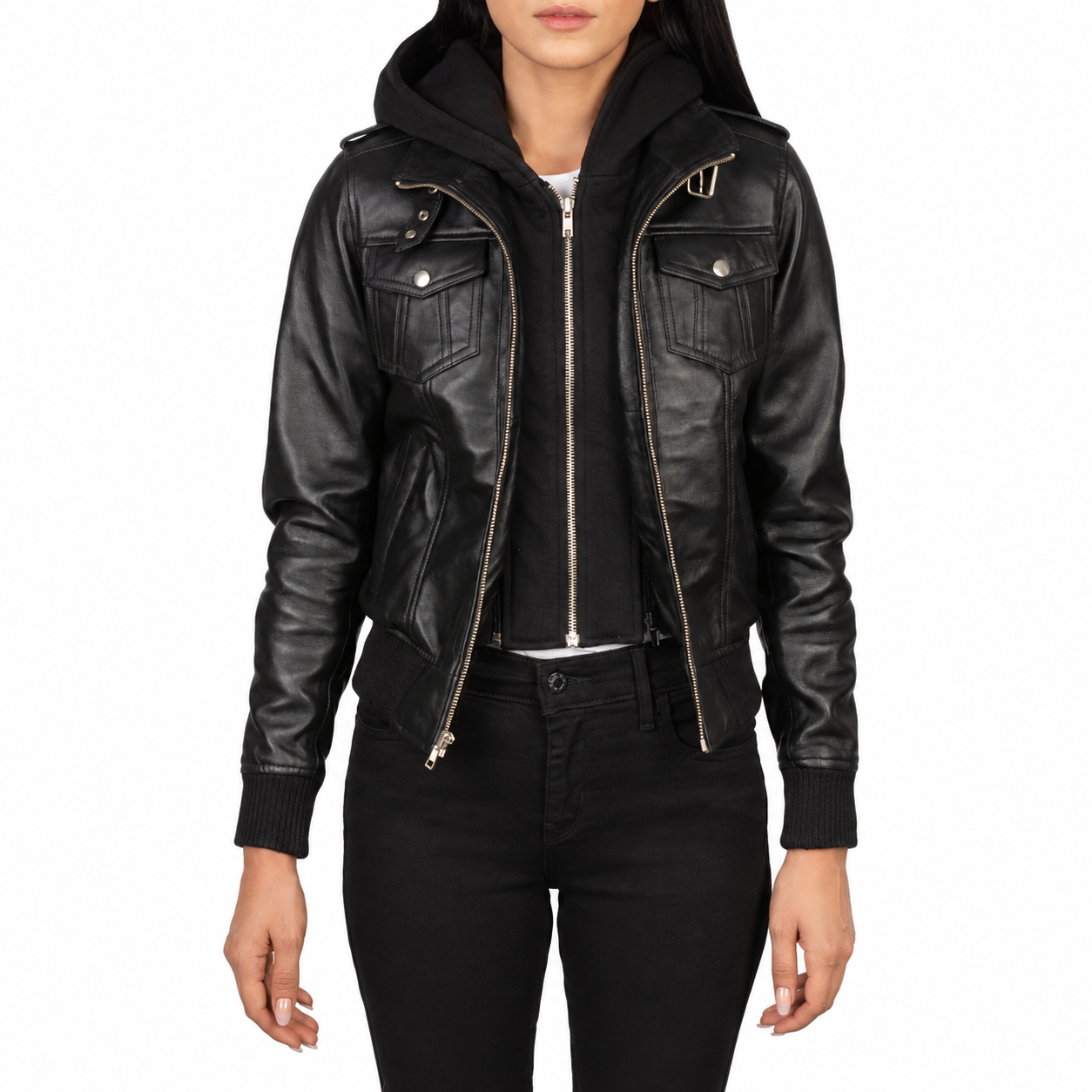 Front view of Roslyn black hooded leather bomber jacket with rib-knit cuffs and zipper closure